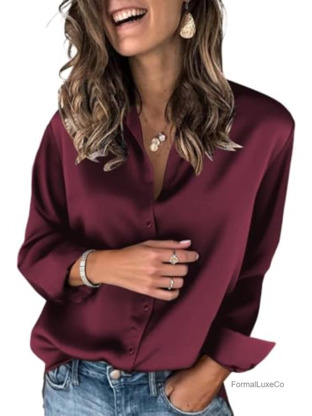 Satin Silk Button Down Blouse Long Sleeve Collared Work Top